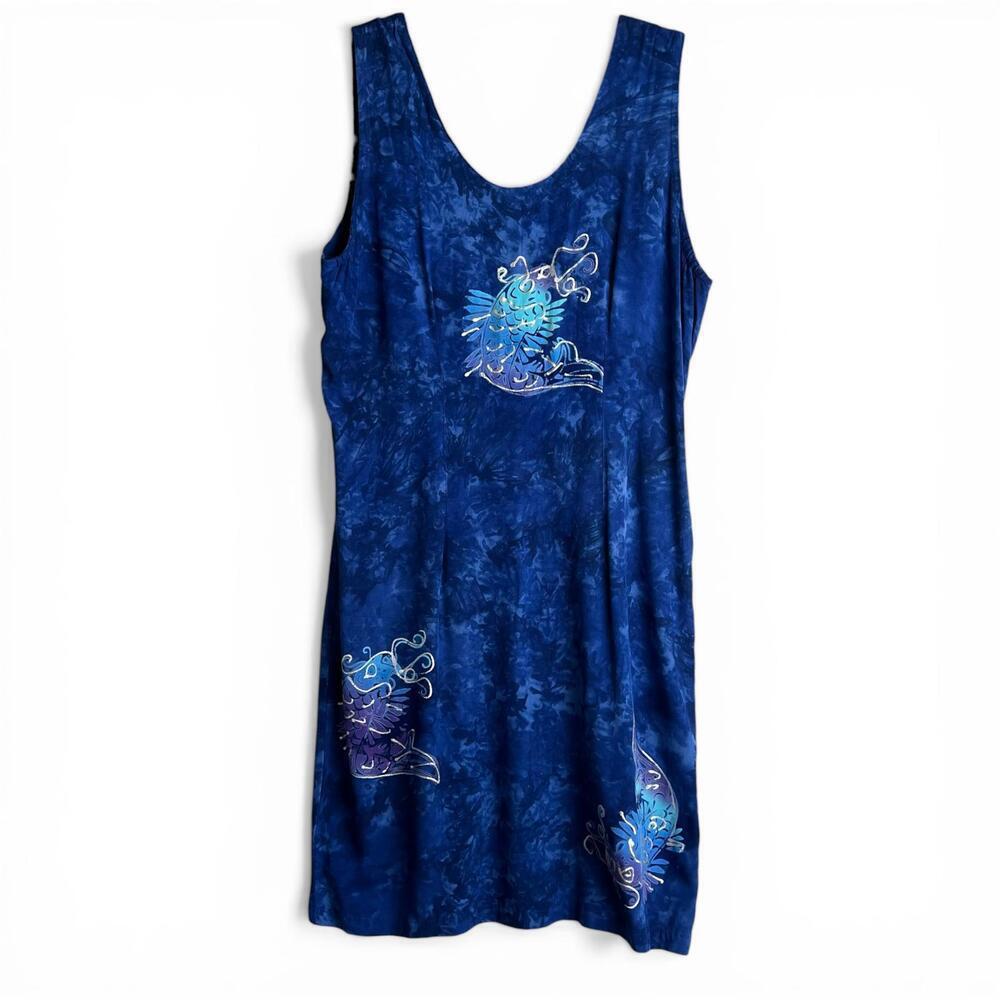 Vintage Blue Sleeveless Dress with Fish Print